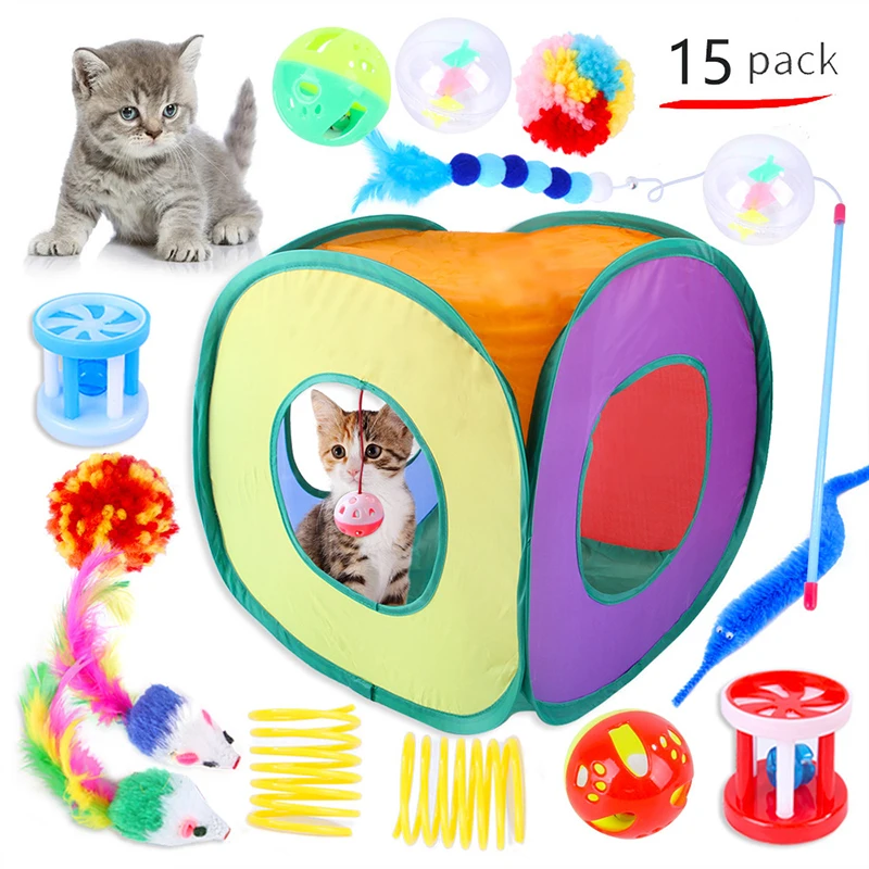 Cat Toys Kit Collapsible Tunnel Cat Toy Pet Kitten Dog Cat Interactive Play Supplies Fun Channel Feather Balls Mice Shape