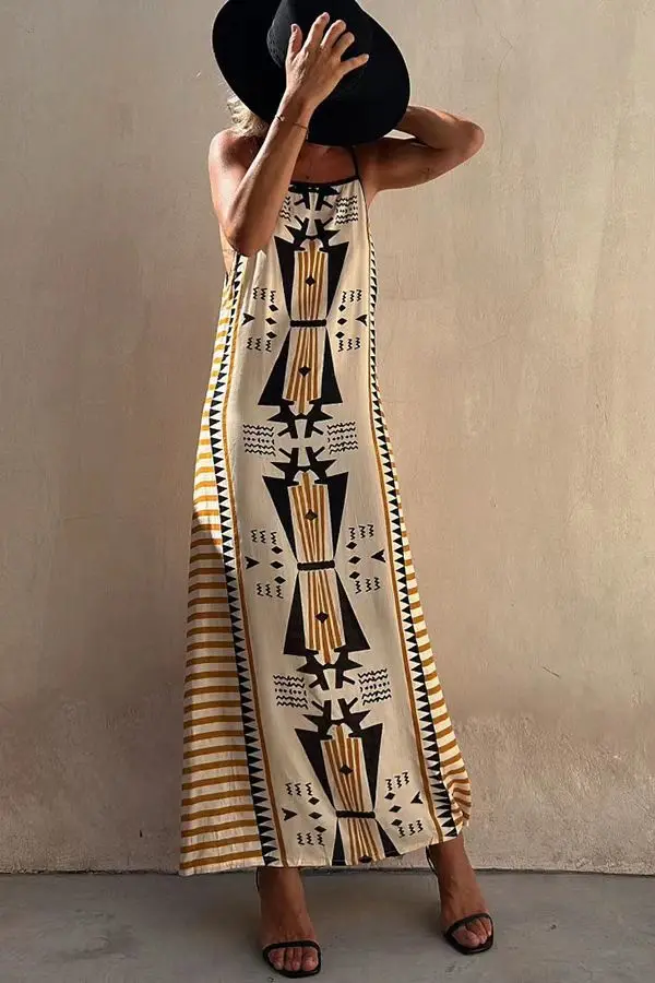 Geometric Patterns Backless Sling Dresses Casual Sleeveless Loose Midi Dress Robe 2023 Summer Fashion Beach Long Dress Vestidos