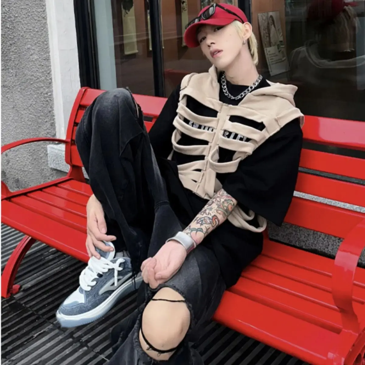 

Skeleton rib vest men's autumn design niche trendy brand street vest American sleeveless hooded shoulder