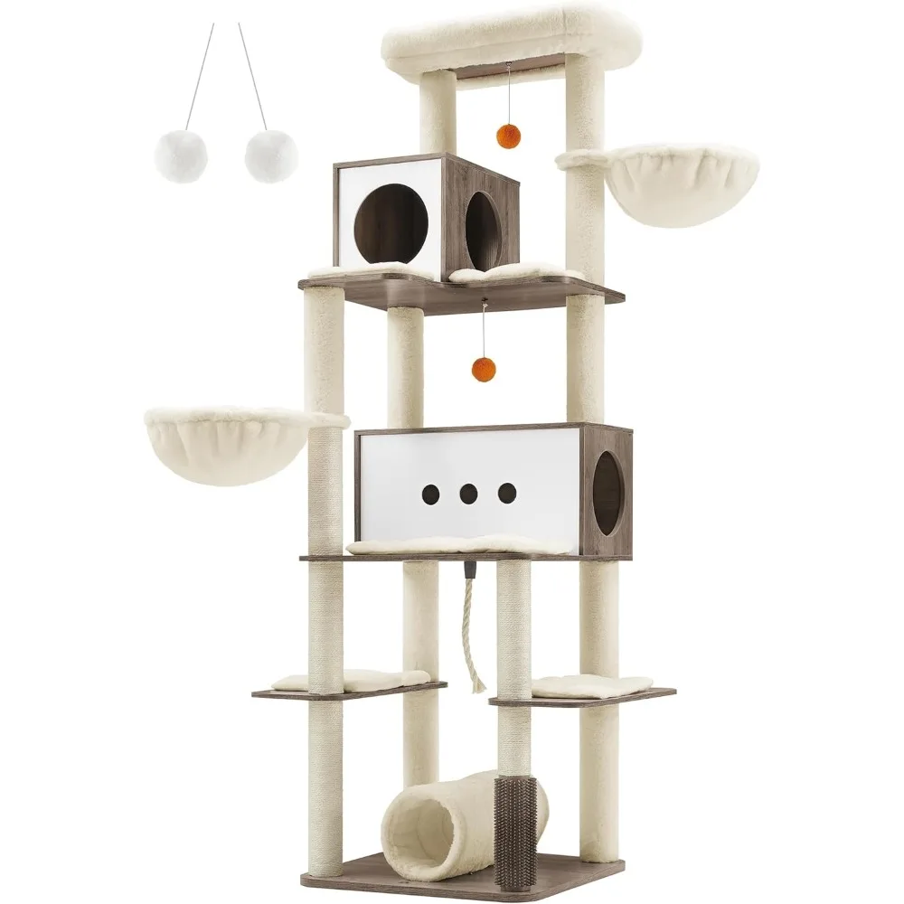 

Cat Tree, 77.5-Inch Tall Modern Cat Tower, Multi-Level Cat Condo with 2 Caves, 2 Baskets, 4 Scratching Posts, Self-Groomer