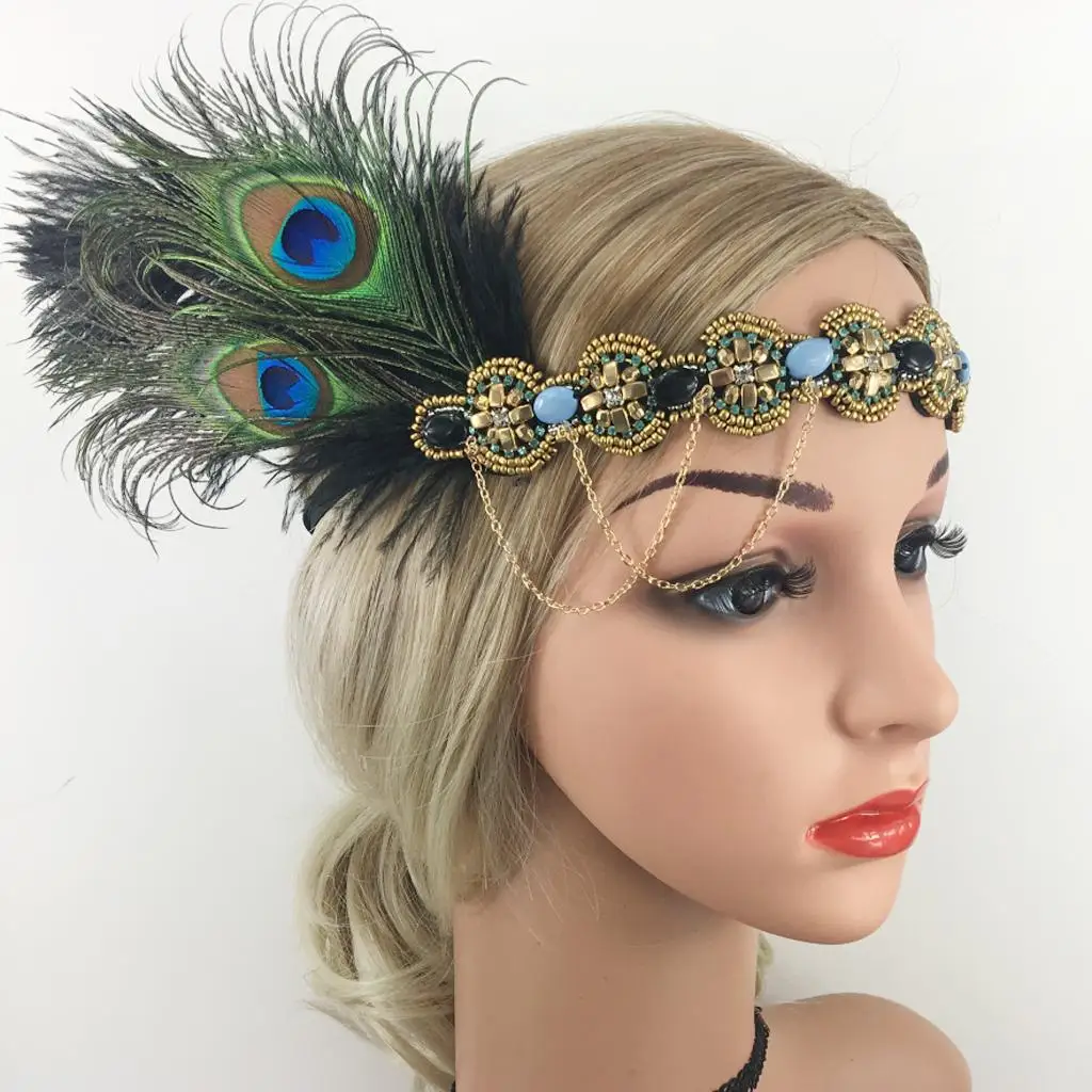 Women Feather Headband 20s Beaded Fascinator Headpiece Bridal Prom Headwear