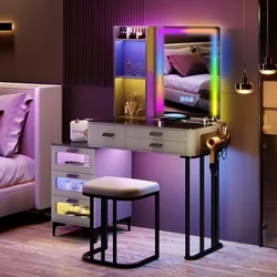 LED Lights Vanity Set,Grey Vanity Desk Glam Glass Top&Hair Dryer Holder,Dressing table USB&Wireless Charging Station.