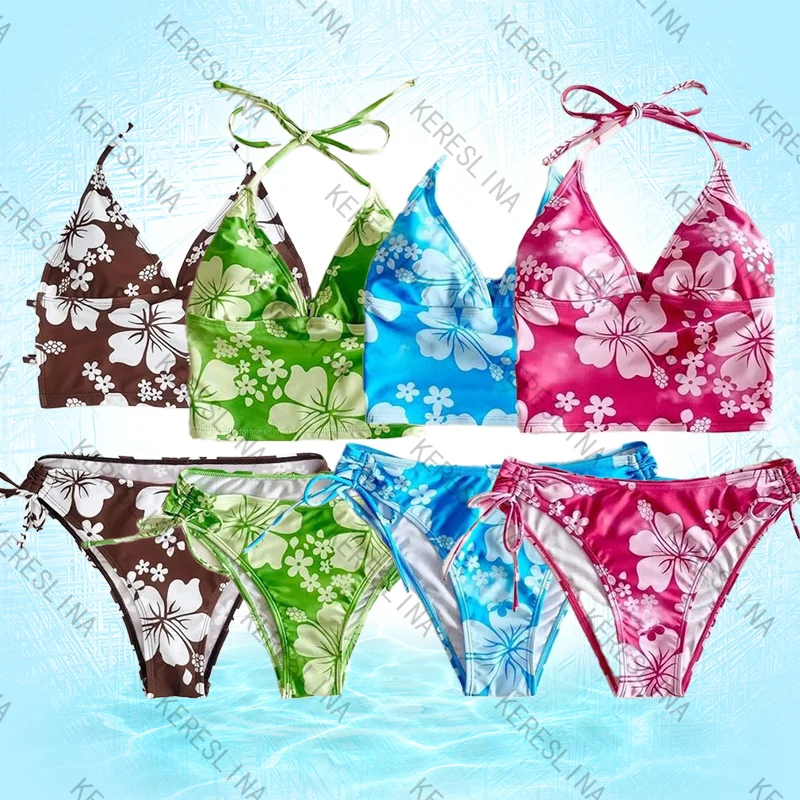 

Summer beach sweet vintage fashion small floral print hanging neck suspender bikini sets classic fashion aesthetics bikini sets