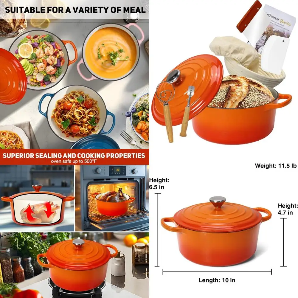 

Эмалированная чугунная жаровня и набор для выпечки хлеба с корзиной для расстойки, принадлежности для закваски, инструменты для выпечки хлеба, прочная посуда для приготовления пищи