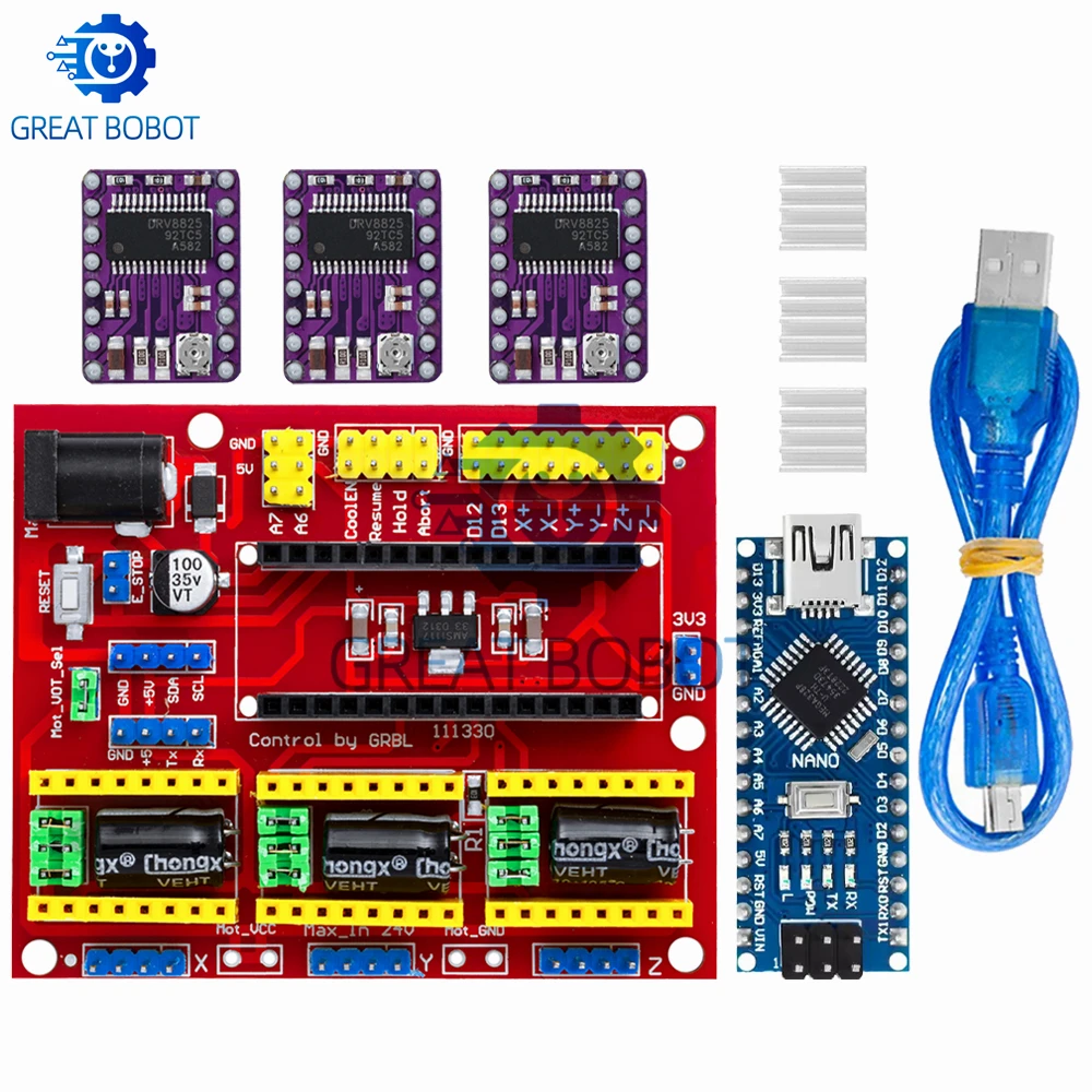 CNC Shield V4 + Nano 3.0 + 3PCS DRV8825 Stepper Motor Driver Kit for Arduino 3D Printer & Laser Engraver DIY Electronic Project