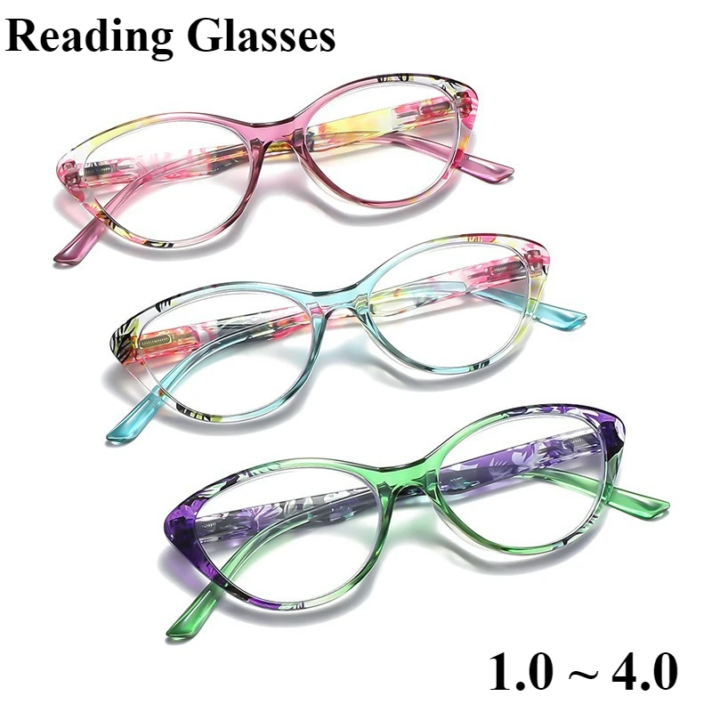1,0 2,0 3,0 4,0 Cat Eye Trendige Lesebrille Blumenstil Anti-Blaulicht-Brille Modischer Stil