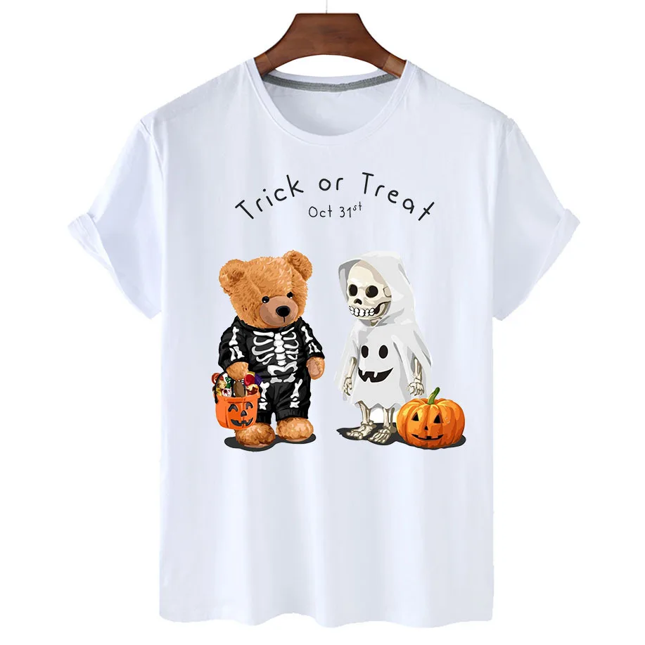 

100% Cotton Halloween Bear Print T-shirt Women's Summer Short Sleeve T-shirt 2022 Women's Fashion Shirt Unisex O-Neck T-shirt