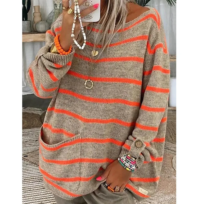 

2025 Spring Knitting Women Sweater Striped O-neck Keep Warm Thicken Sweaters Female Winter Elegant Trendy Casual Ladies Clothes