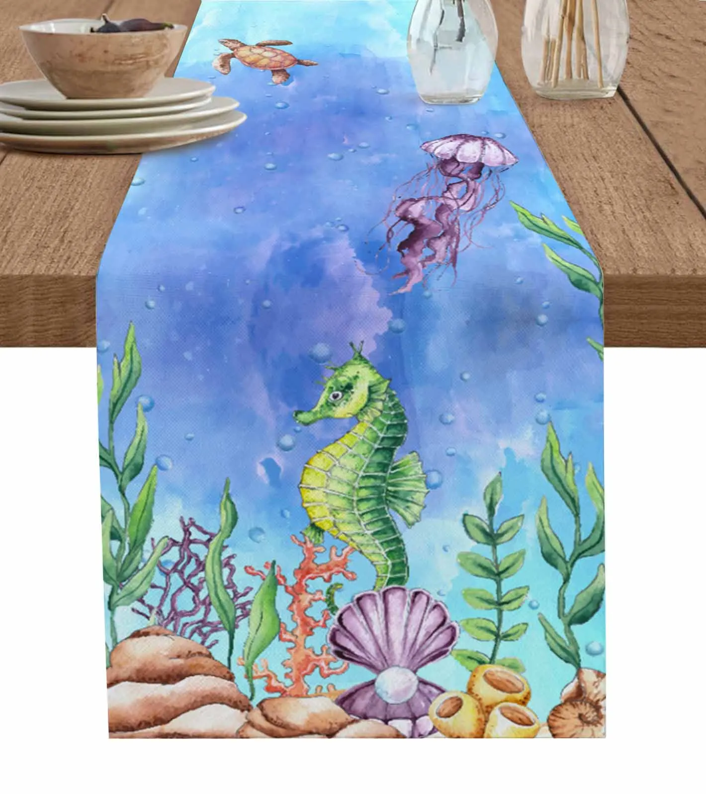 Marine Turtle Seahorses Pearls Shells Corals Table Runner Home Wedding Table Mat Centerpieces Decoration Dining Long Tablecloth