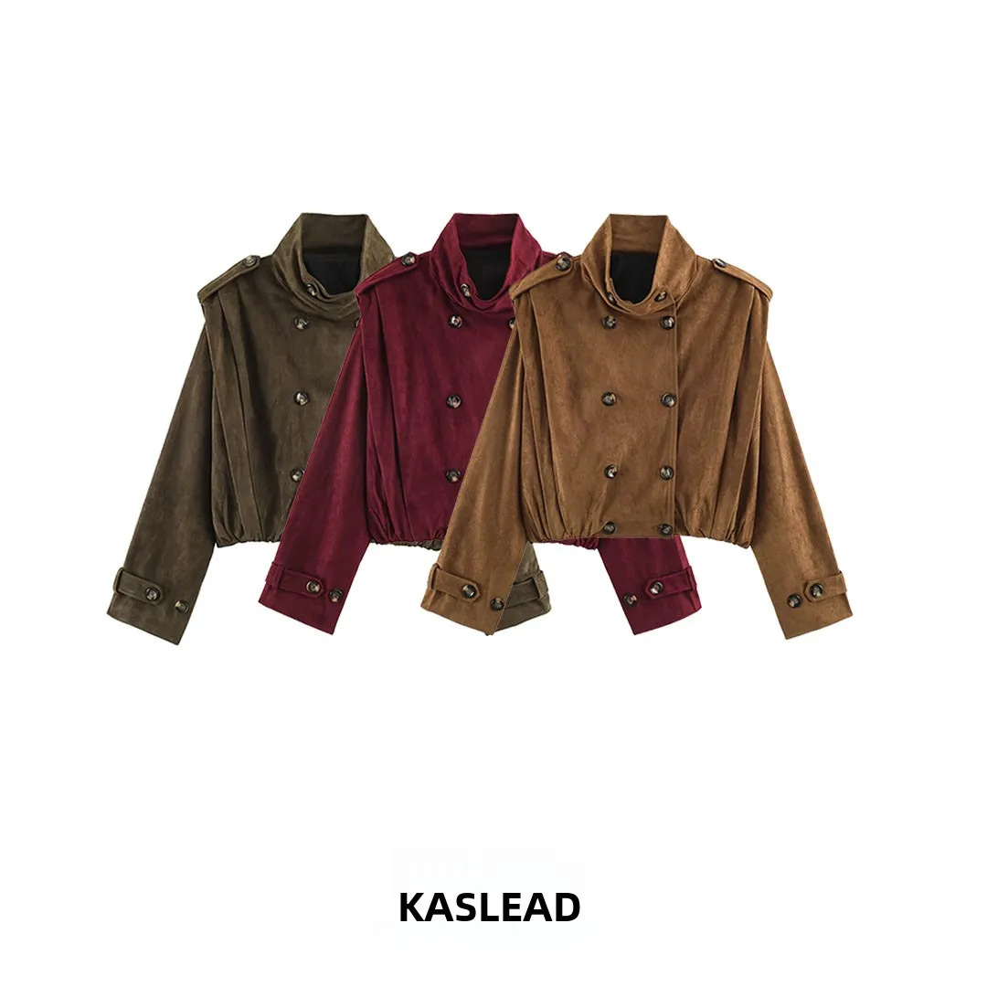 KASLEAD New Women's Fashion Short Folded Coat Windproof Versatile 5063701 Polyester Fiber Long Sleeve Double Breasted