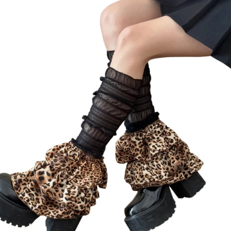 Women Mesh Ruched Leg Warmer Cover Vintage Leopard Tiered Ruffle Leg Sleeve Cuff