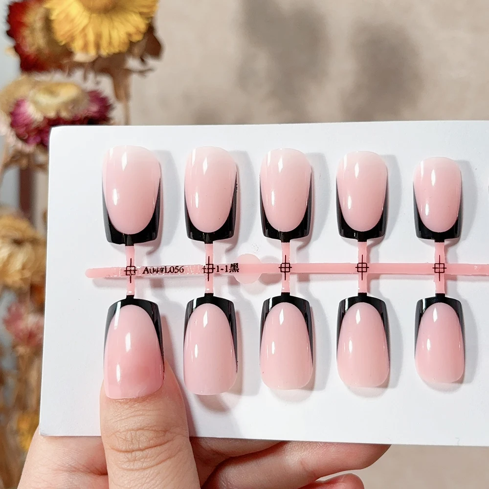 120 Uds. Uñas postizas de punta francesa con borde negro brillante, 12 tamaños, longitud media, prensa cuadrada en uñas, acabado de cobertura completa brillante, punta de uñas falsa