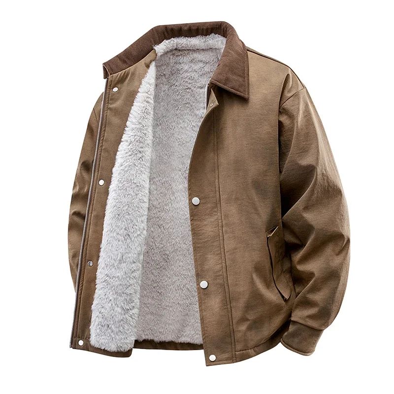 New Autumn Winter Turn-Down Collar Parkas Men's Fleece Lined Thickened Warm Jacket Plus Size Warm Coat Fashion Casual Outwear
