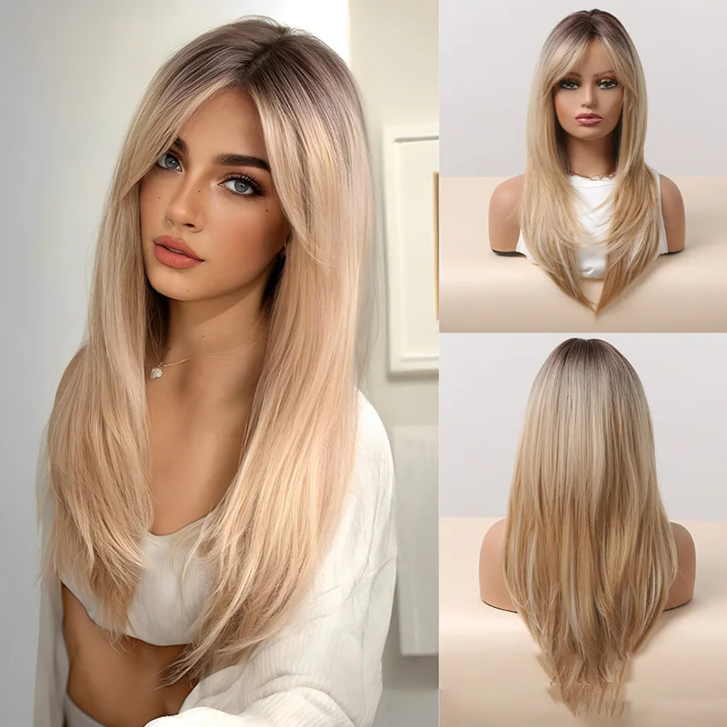 

Synthetic Wig, Gradient Blonde High-Gloss Water Ripple Wig, Heat-Resistant Hair, Natural Waves, Suitable For Women's Daily Use