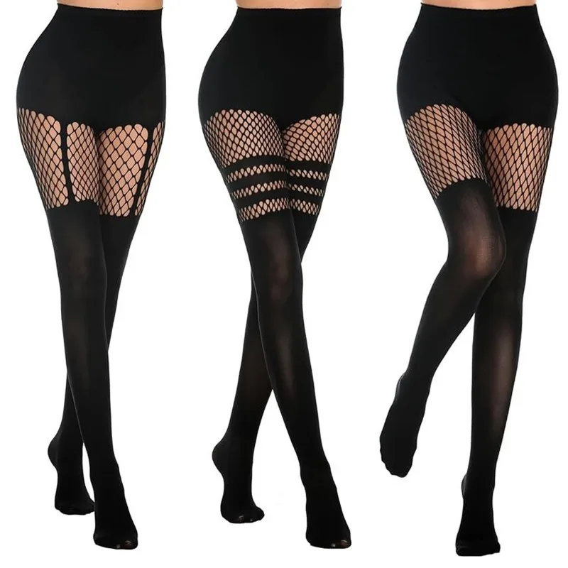 Schwarze Netzstrumpfhose mit Aussparungen und Hosenträgern, Fischnetzstrümpfe für Damen, Nachtclub-Strumpfhosen, sexy Tanzsocken, Fischernetzstrümpfe