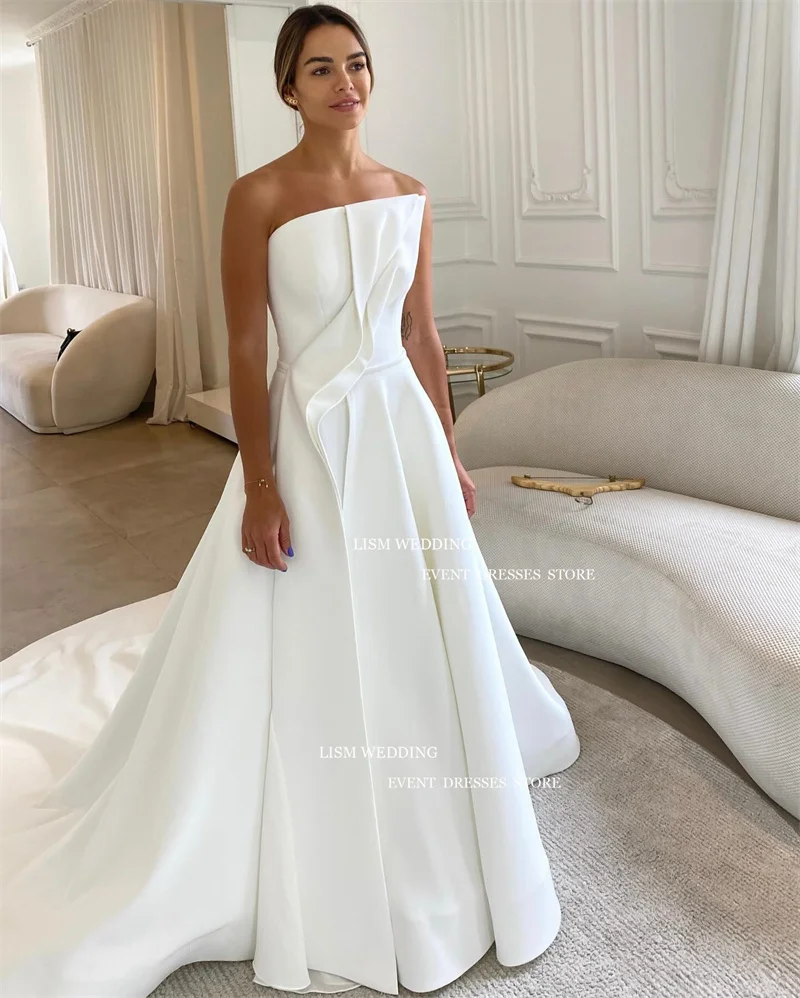 LISM Simple Satin Mermaid Wedding Dresses Saudi Arabic Women Strapless Side Split Detachable Train Bridal Gown Vestidos De Novia