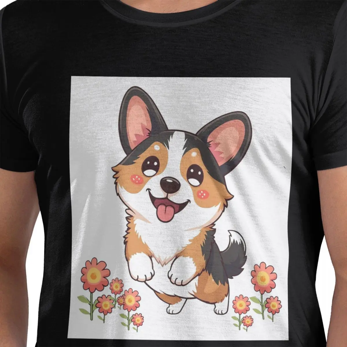 

Kawaii трехцветный корги в саду, футболка из 100% хлопка, мужские забавные футболки, мужские футболки с круглым вырезом и коротким рукавом, S-6XL