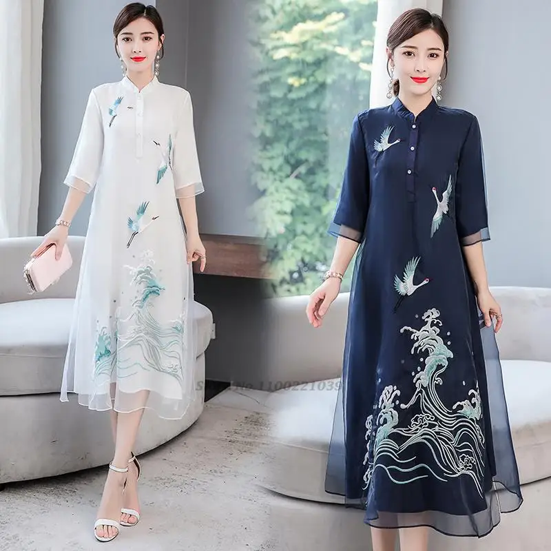 

2024 flower embroidery dress chinese imrpoved qipao elegant mandarin collar cheongsam vestidos chinese oriental dress qipao