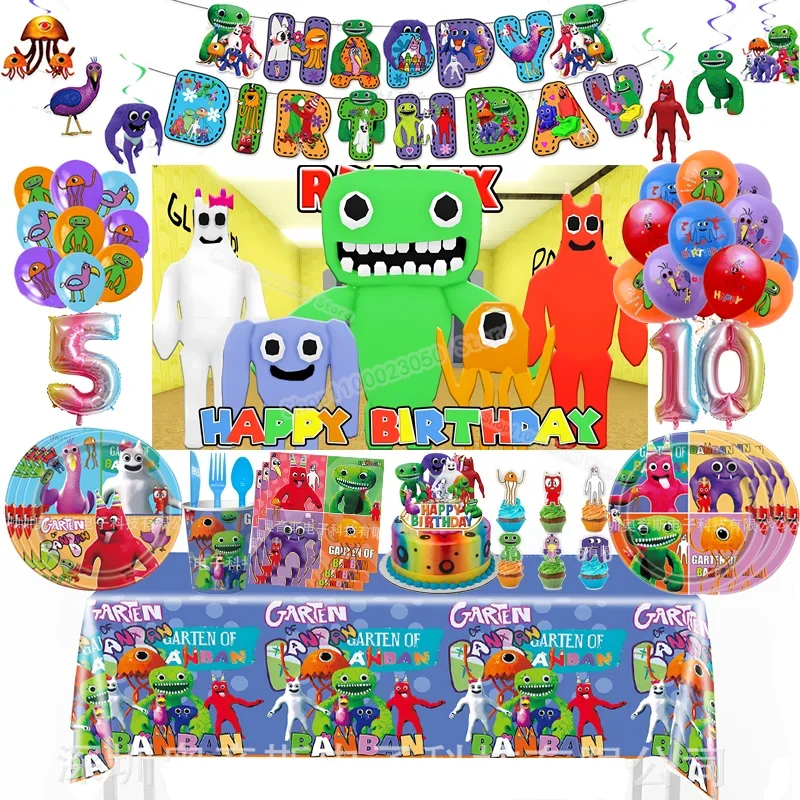 Garten of Banban Birthday Party Decoration Kids Shower Boys Girl Tableware Supplies Cup Tablecloth Numbers Balloon Cake Backdrop