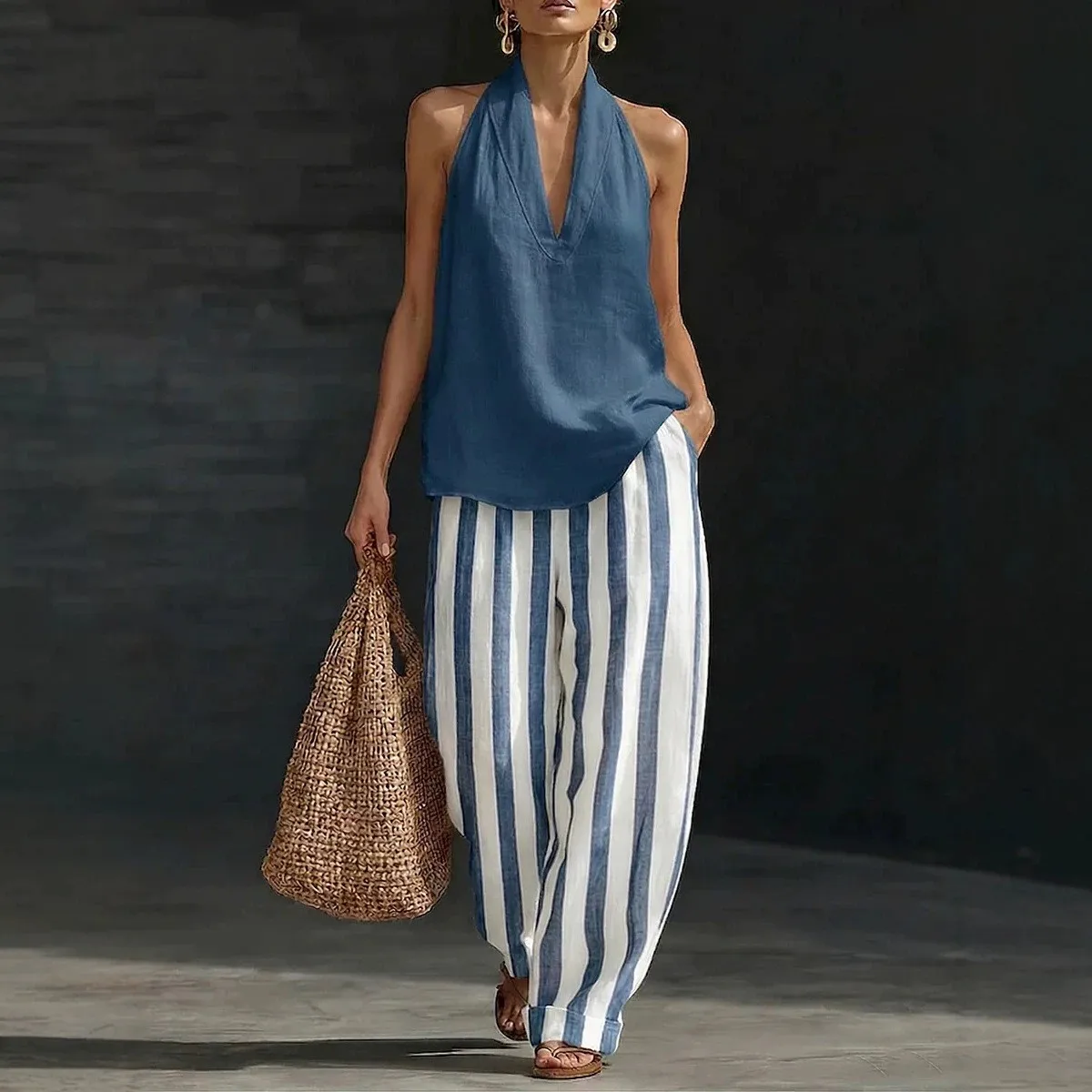 

Women's 2-piece Set Summer Casual Pants Sleeveless Halter Neck Top Loose Fit Trousers High Waist Linen Look Wide Leg Pants