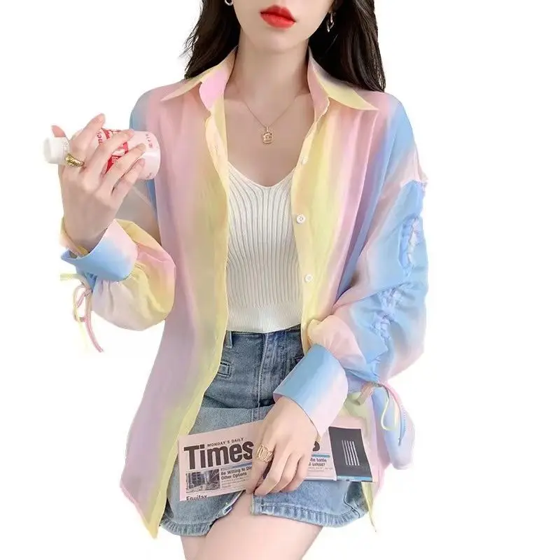 spring Summer Turn-down Collar Long Sleeve fashion shirt women High street Multicolor Button Cardigan elegant Bow Drawstring top