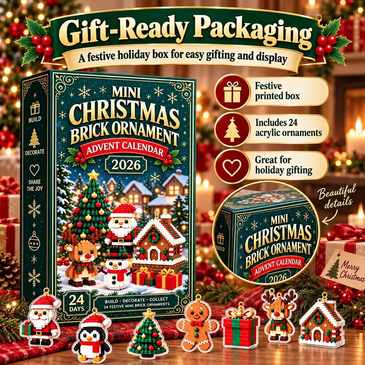 24-Day Mini Christmas Brick Ornament Advent Calendar,Unique Designs, Buildable Bricks, Hanging Loops Included, Holiday Countdown image 2