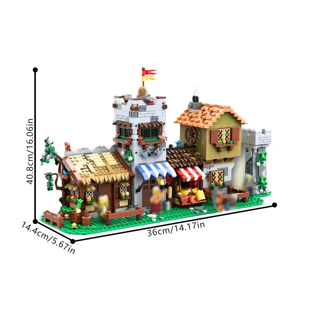 MOC – blocs de construction carrés de ville médiévale, modèle carré de ville médiévale, Architecture modulaire, briques, jouets d'assemblage, cadeau d'anniversaire pour enfants