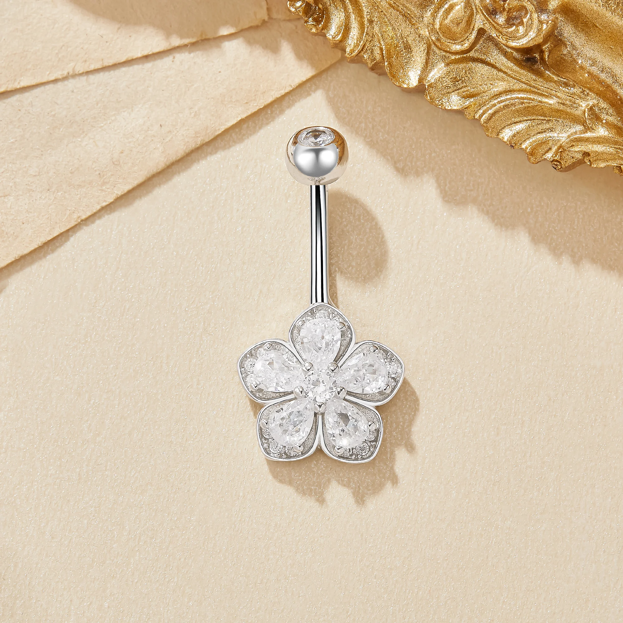 Halo Flower CZ Stone Solid 925 Sterling Silver Belly Button Ring Belly Piercing Navel Bar Curved Barbell Navel Ring 6730004