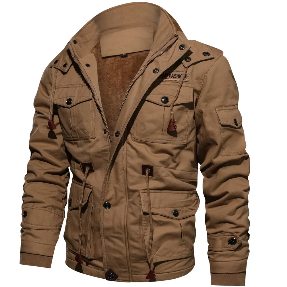 Blouson aviateur à capuche pour homme, manteau épais en peluche, vêtements de travail moyens et longs, grand coton, automne et hiver