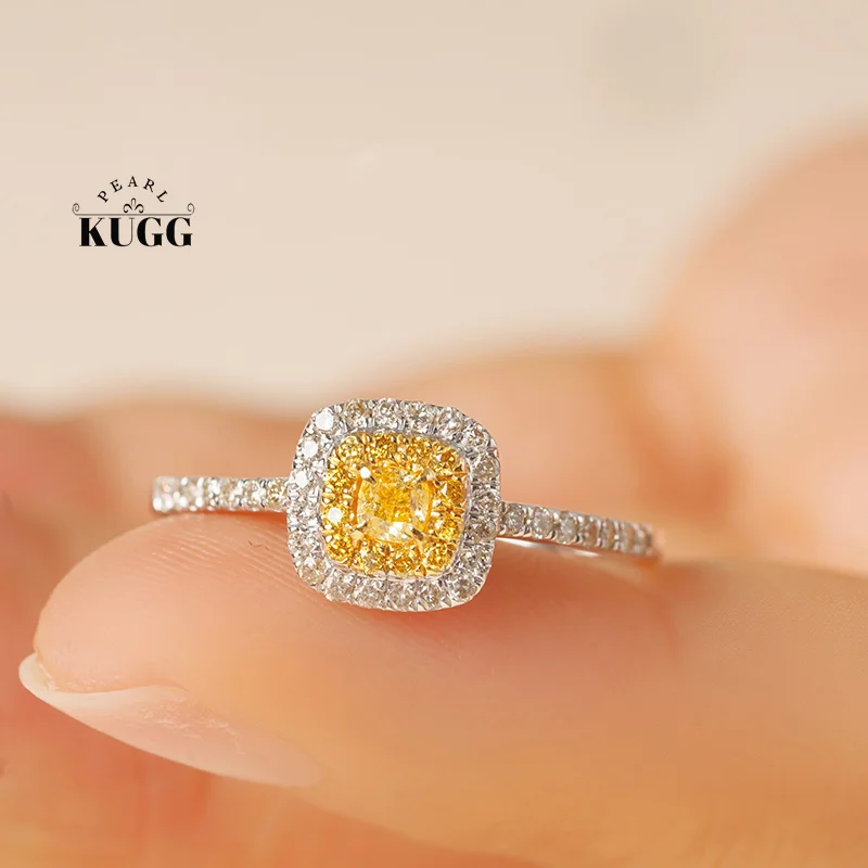 KUGG 18K White Gold Rings Fashion Square Design 0.55carat Real Natural Yellow Diamond Engagement Ring for Women Wedding Jewelry