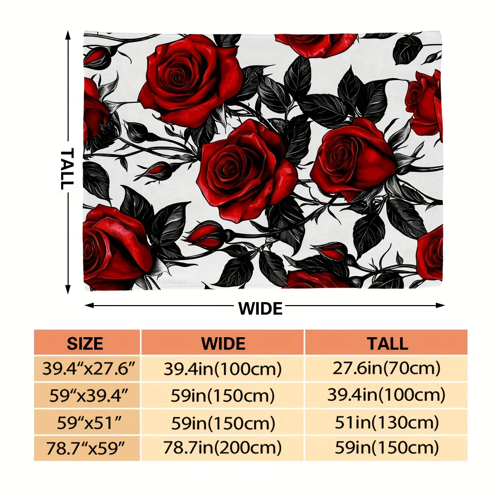 White Background Bright Red Rose Black Leaf Fashion Print Warm Blanket For Bedroom Sofa Camping Home Leisure Daily Household Use