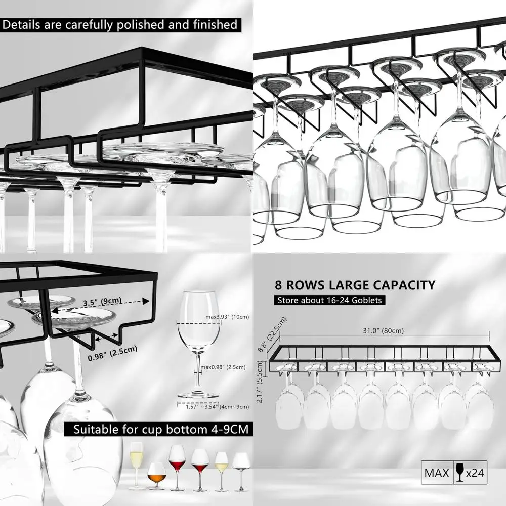 

8-рядная полка для бокалов под шкафом, 31, вешалка для бокалов, просторное хранилище для бара и кухонного стекла