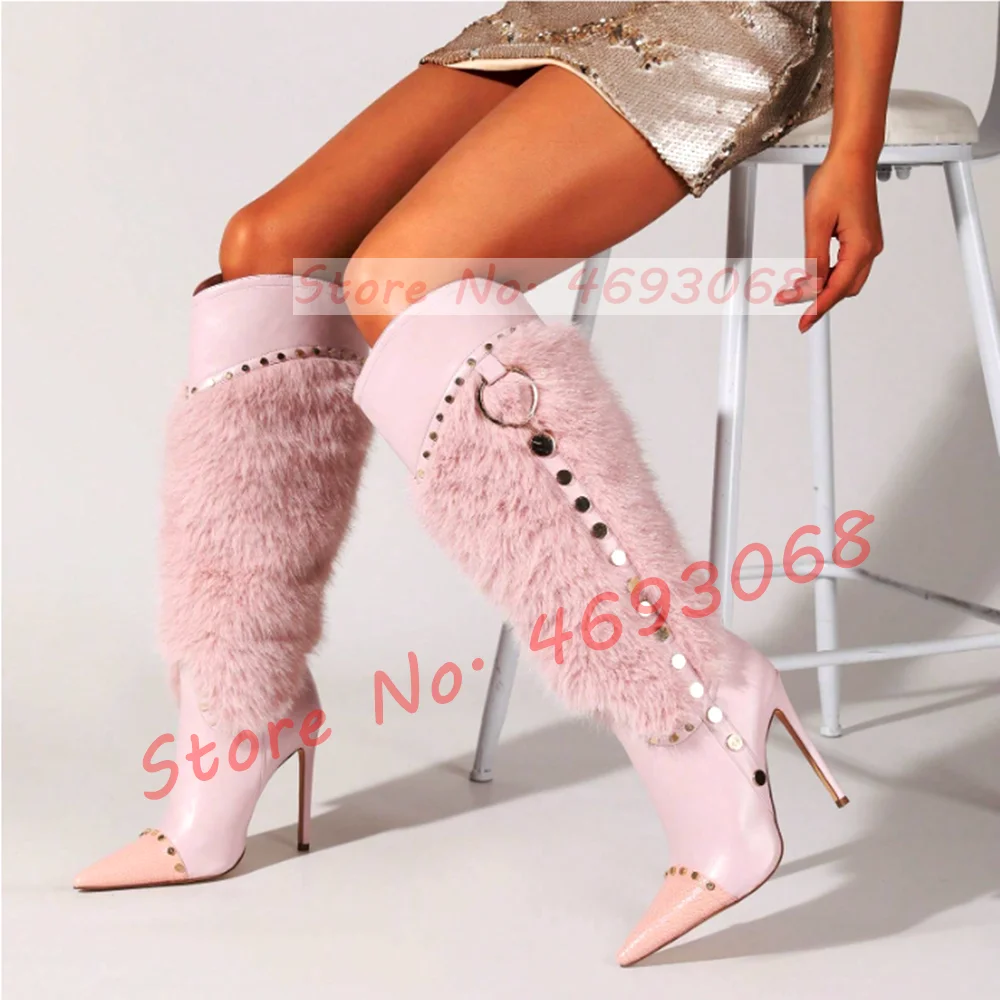 Sexy Pink Fur Knee High Boots Women Nifty Furry Metal Rivets Decor High Heels Ladies Pointy Toe Party Slip On Patchwork Boots