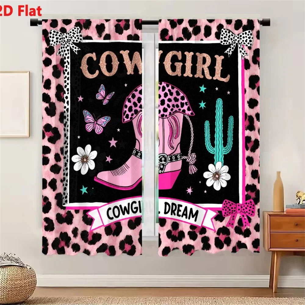 2Pcs Curtains 2D Flat Cute Girly Western Cowgirl Dream Graphic Design - Pink Leopard Print, Glittery Gold Cowgirl, Pink Cowboy B