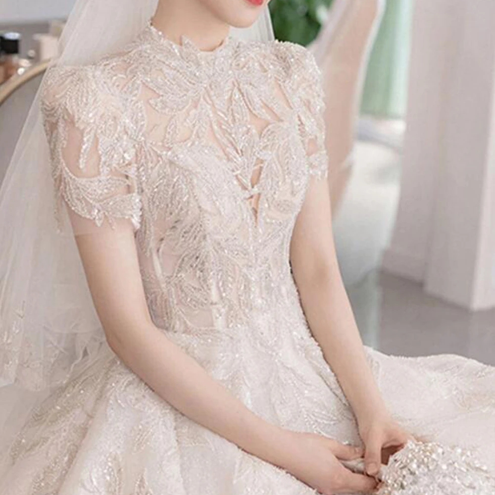 4024 2024 A-Line Luxury Elegant Wedding Dresses 2023 High Neck Short Sleeve Lace Sequined