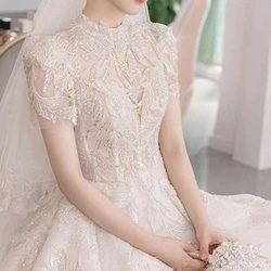 4024  2024 A-Line Luxury Elegant Wedding Dresses 2023 High Neck Short Sleeve Lace Sequined