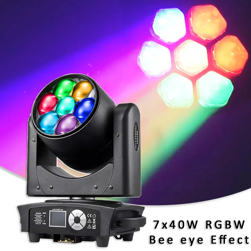 YUER 7x40W LED RGBW Bee Eye Effect Beam Zoom Washing Moving Head Stage Lighting For Party Dj Club Dance Room Disco CTO DMX Light