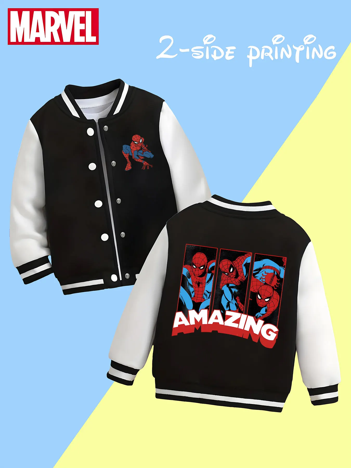 

MINISO Marvel Spider-Man Classic Action Boys Baseball Jacket - Spider-Man classic action print, double-sided to show the hero ch