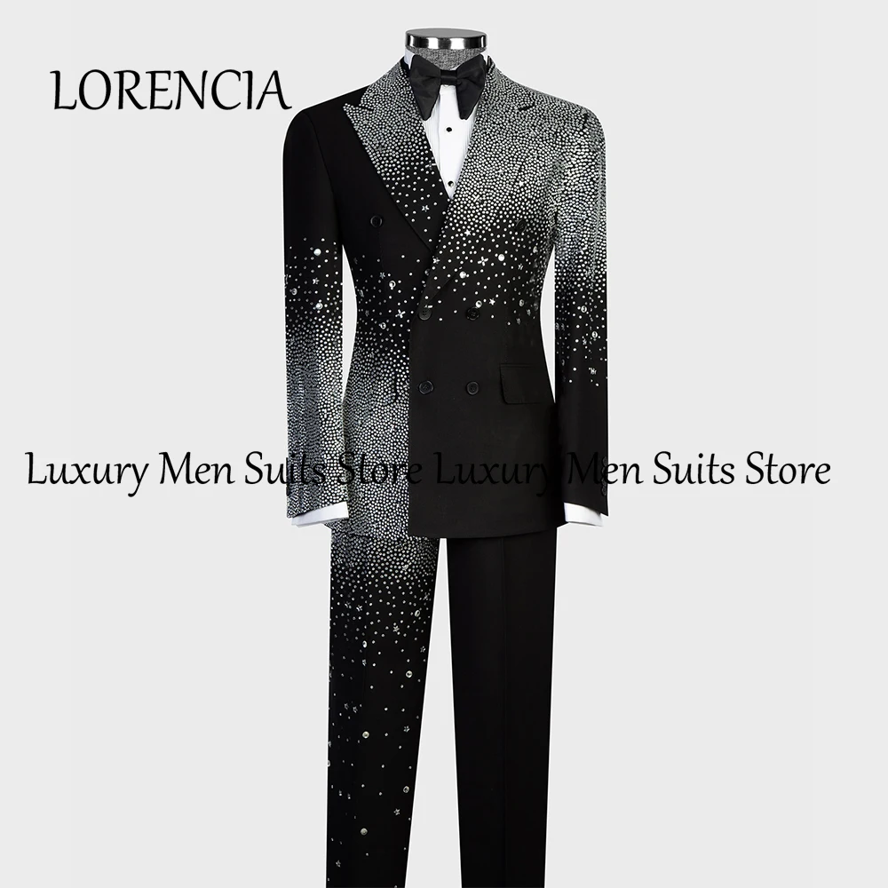 Luxury Sparkly Crastal Suits for Male 2 Pieces Double Breasted Wedding Groom Tuxedos Customized Blazer Pants robe mariage femme