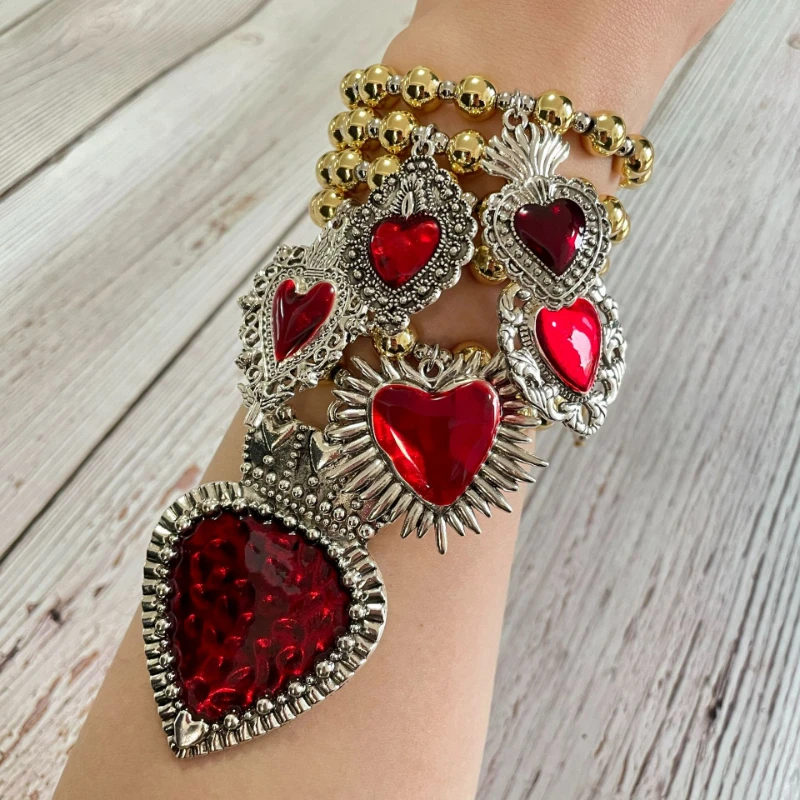 Personalità Vintage rosso religioso sacro cuore ciondolo collana braccialetto esagerato fashion design accessori per gioielli da donna