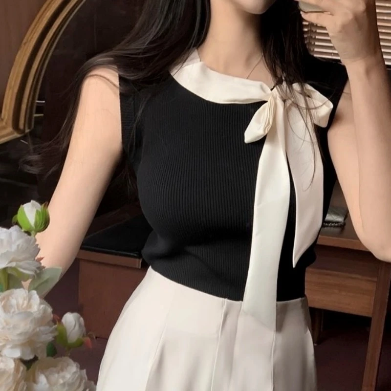 Neploe Elegsnt Sweet Bow Lace Up Black Tank Top 2024 Summer New Slim Fit Vest for Women Y2k Sleeveless Knitted Tops Mujer