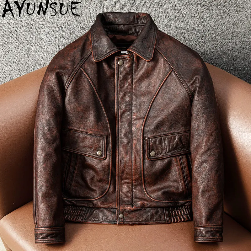 AYUNSUE Vintage Distressed Men Genuine Leather Jacket Lapel Short Slim Fit Top‑Grain Cowhide Real Leather Coat Man Chaquetas New