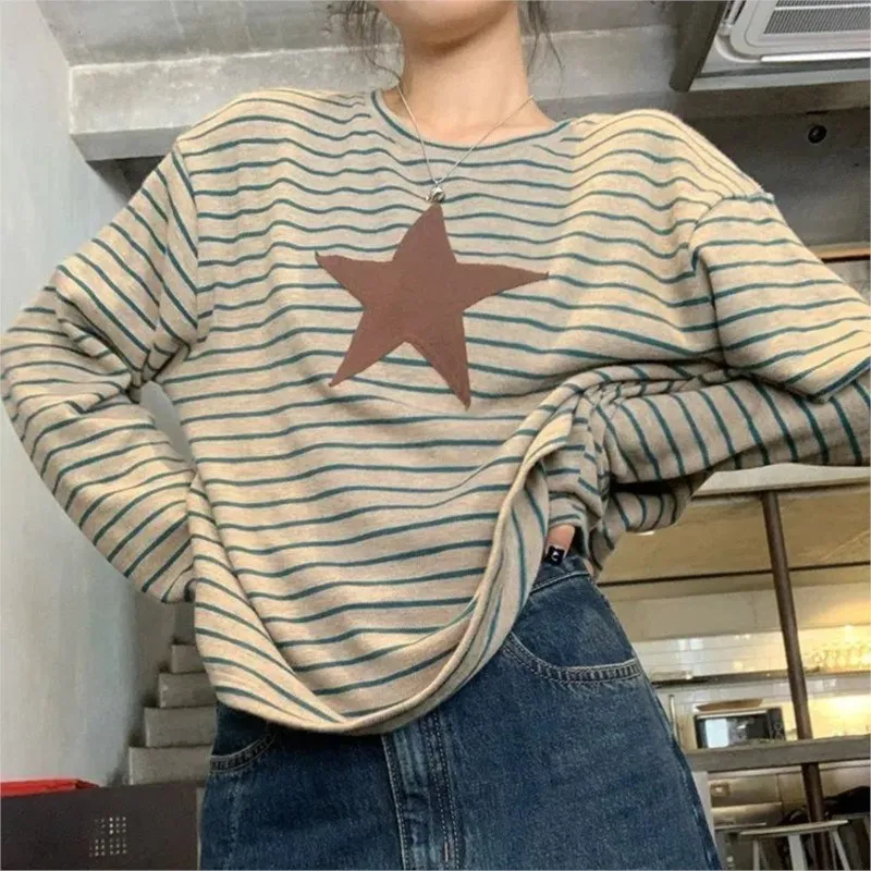 Y2K T Shirts Women Vintage O-neck Tee Ladies Long Sleeve Grunge Star Print Casual Tops Female Retro stripes Japanese Streetwear