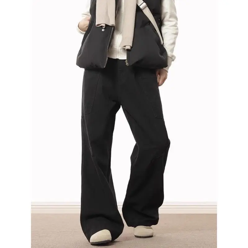 Women Multi Pocket Wide Leg Jeans High Waist Loose Straight Denim Trousers view 5