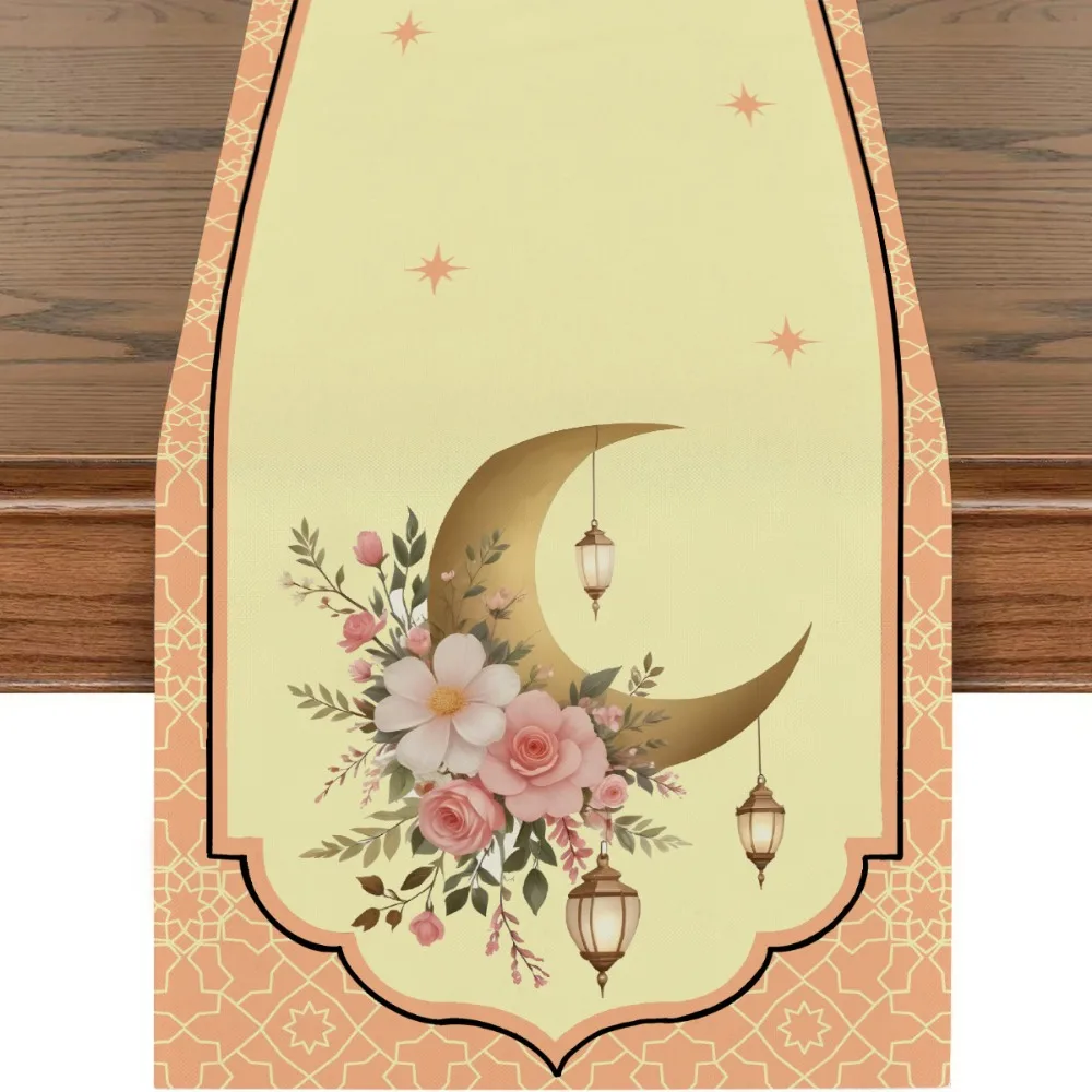 Golden Lantern Ramadan Table Runner White Moon Star Polyester Eid Mubarak Tablecloth Eid Al Fitr Dining Table Decoration