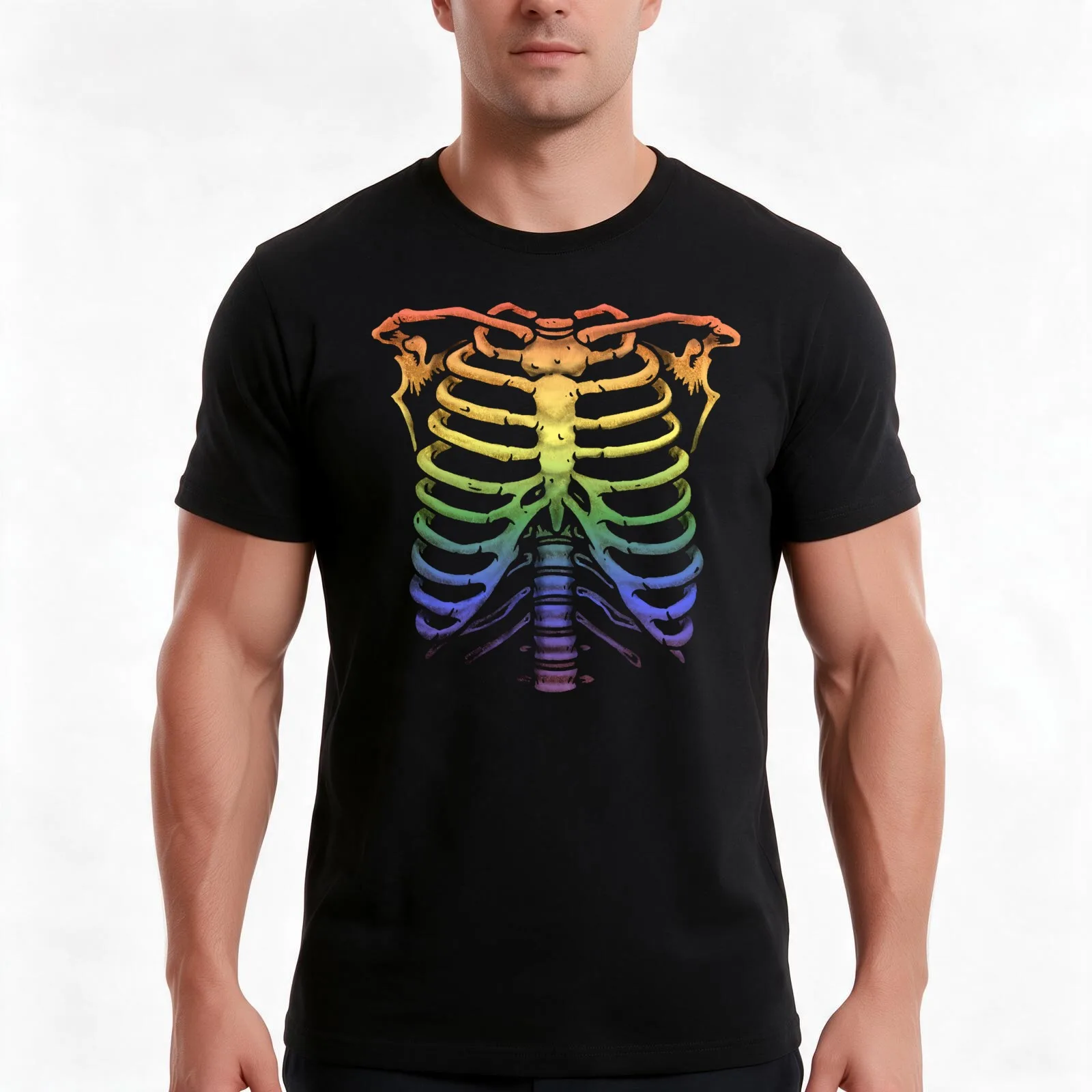 Rainbow Bones Colored Skeleton T-Shirt, Summer Casual Cotton Tee, Oversized Streetwear Tops, Vintage Graphic Print, 100% Cotton
