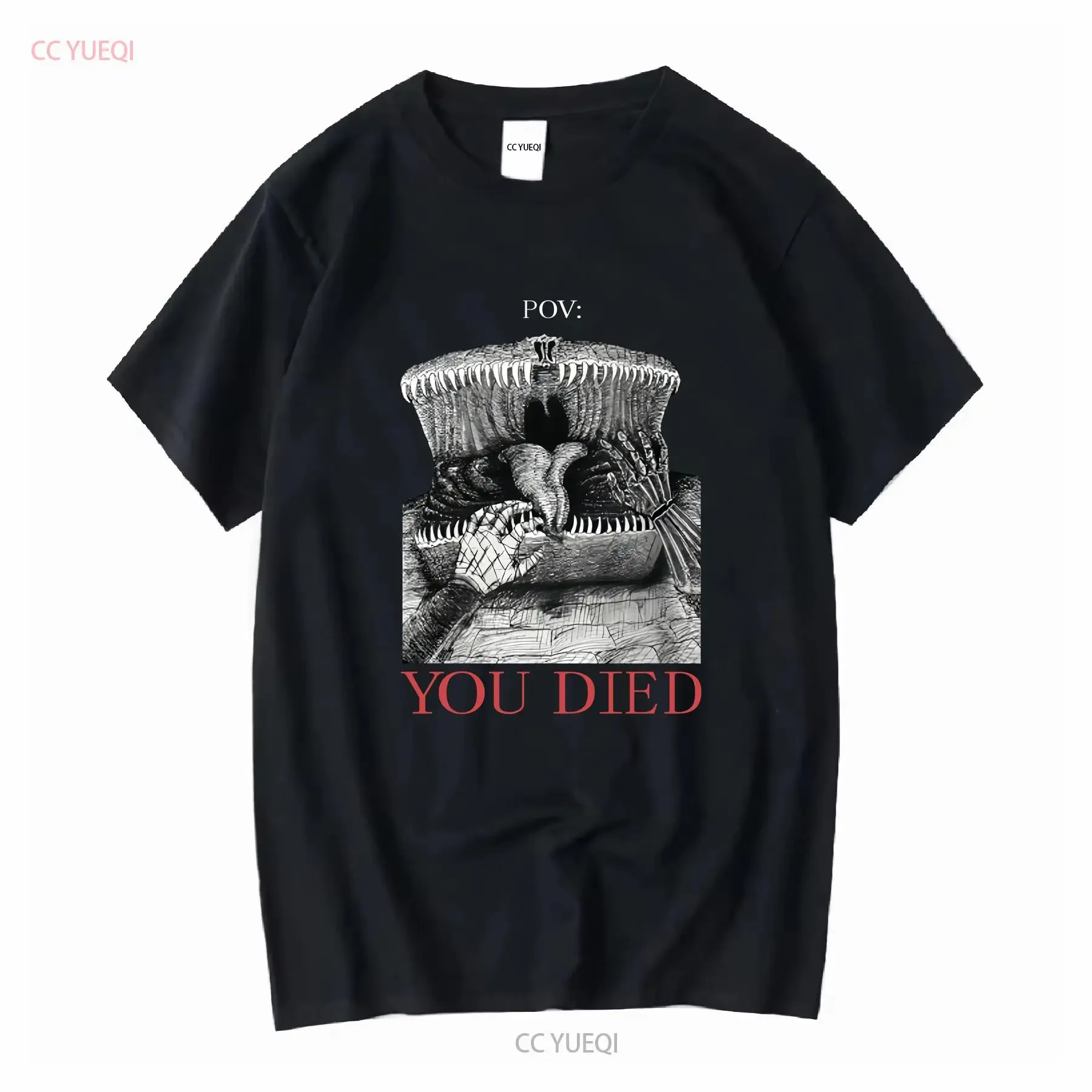 Camiseta con ilustración de tinta Mimic DnD Dark Souls, POV YOU DIED, manga larga o corta, vintage, lavada, ropa de calle de moda versátil