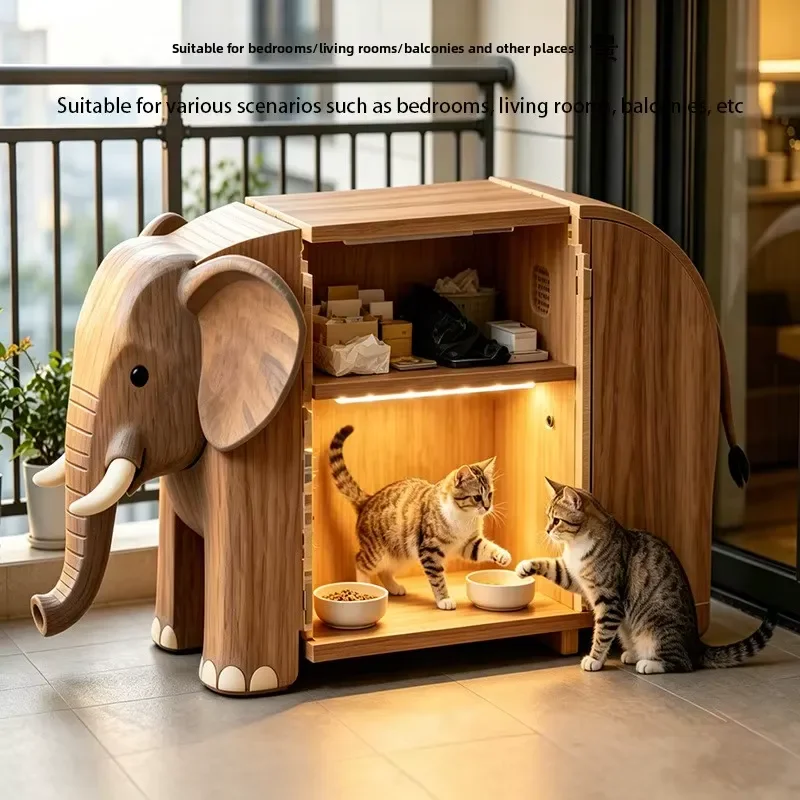 for 2026 Indoor Solid Wood Zodiac Style Crate-shaped Large Box Cat Furniture Elephant Pattern Ready Use Pet