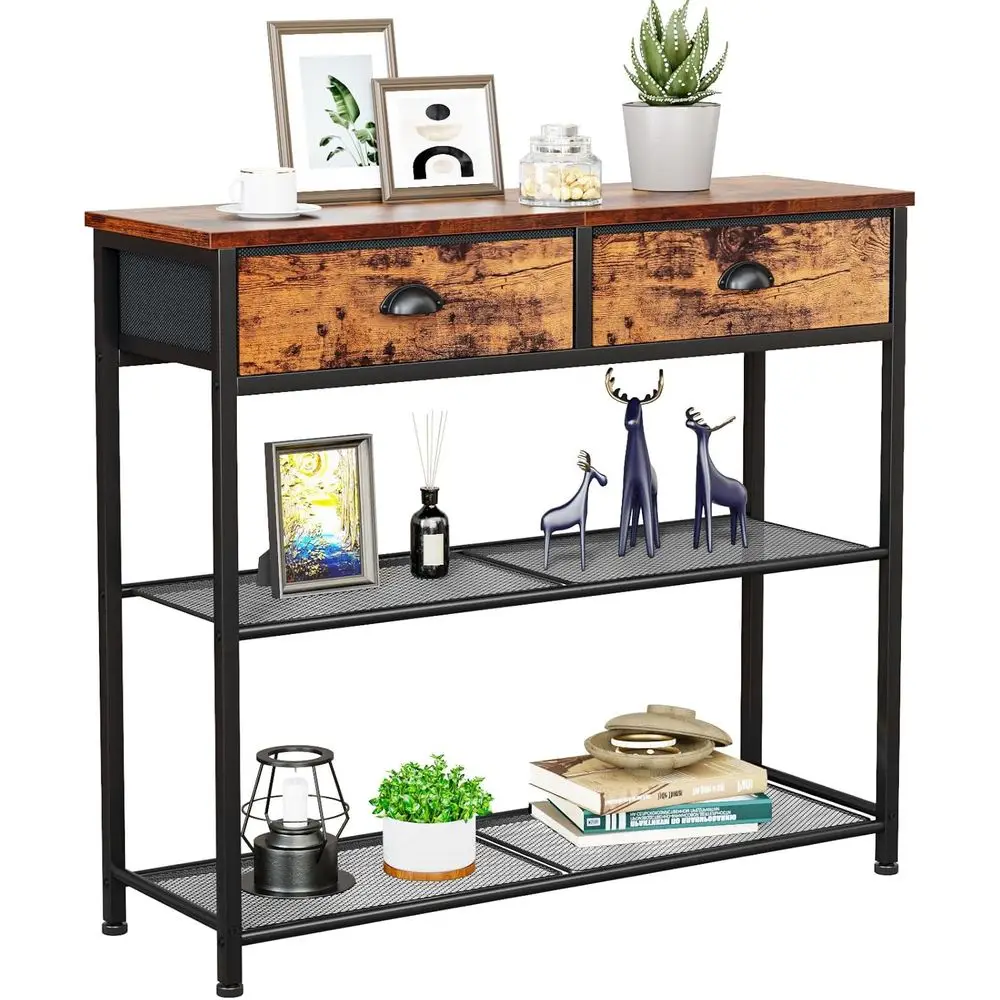 

ole Soa Table with Storage Shel or Entry Way, Small 30'' Entryway Table with 2 abric Ders, Industrial Display Shelves or Hallway