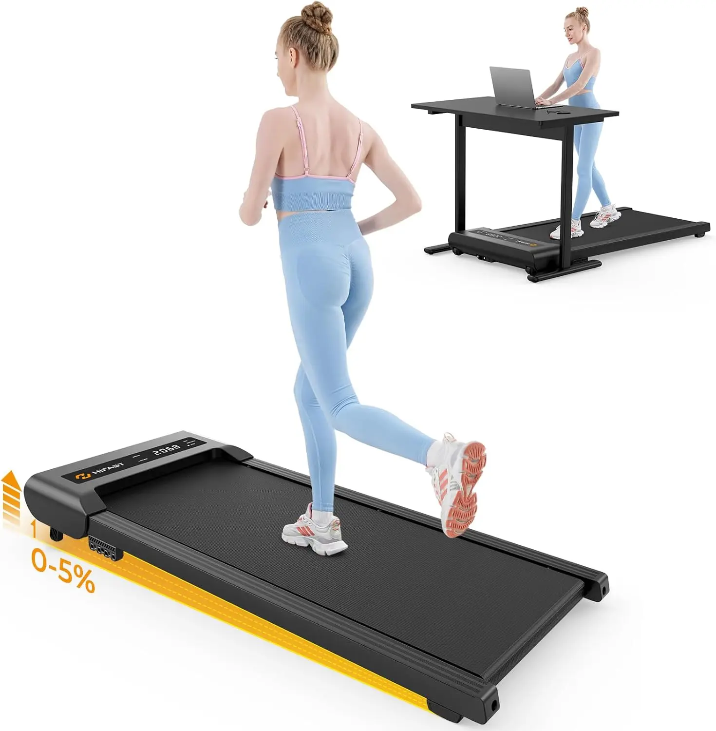 Under Desk Treadmill with Incline, 300 Lbs Capacity Portable Treadmill for Home Office, 2 in 1 Mini Desk Treadmill